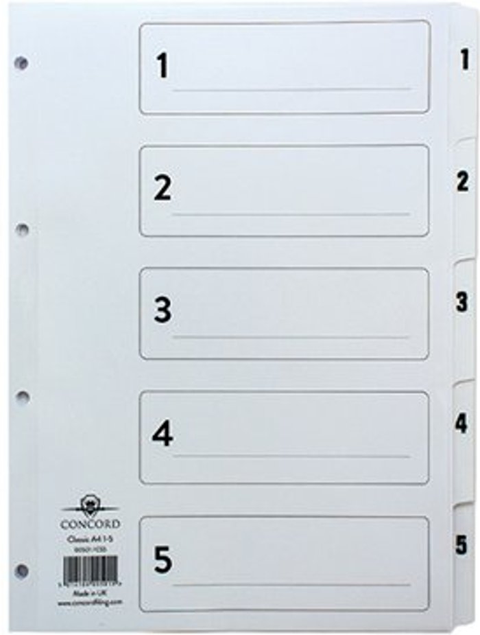 Office Monster | Concord Concord Classic Index 1-5 A4 White Board Clear Mylar Tabs 00501/CS5 Concord Concord Classic Index 1-5 A4 White Board Clear Mylar Tabs 00501/CS5