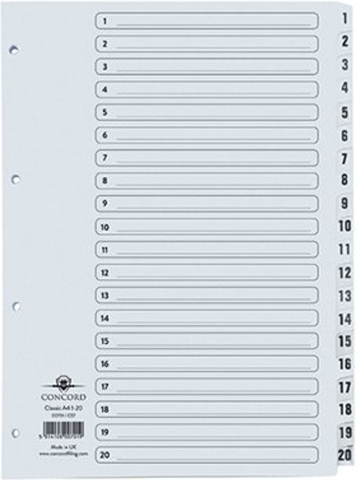 Office Monster | Concord Concord Classic Index 1-20 A4 White Board Clear Mylar Tabs 00701/CS7 Concord Concord Classic Index 1-20 A4 White Board Clear Mylar Tabs 00701/CS7