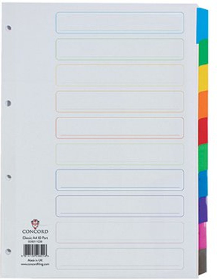 Office Monster | Concord Concord Reinforced Divider 10-Part A4 Multicoloured Tabs 00801/CS8 Concord Concord Reinforced Divider 10-Part A4 Multicoloured Tabs 00801/CS8
