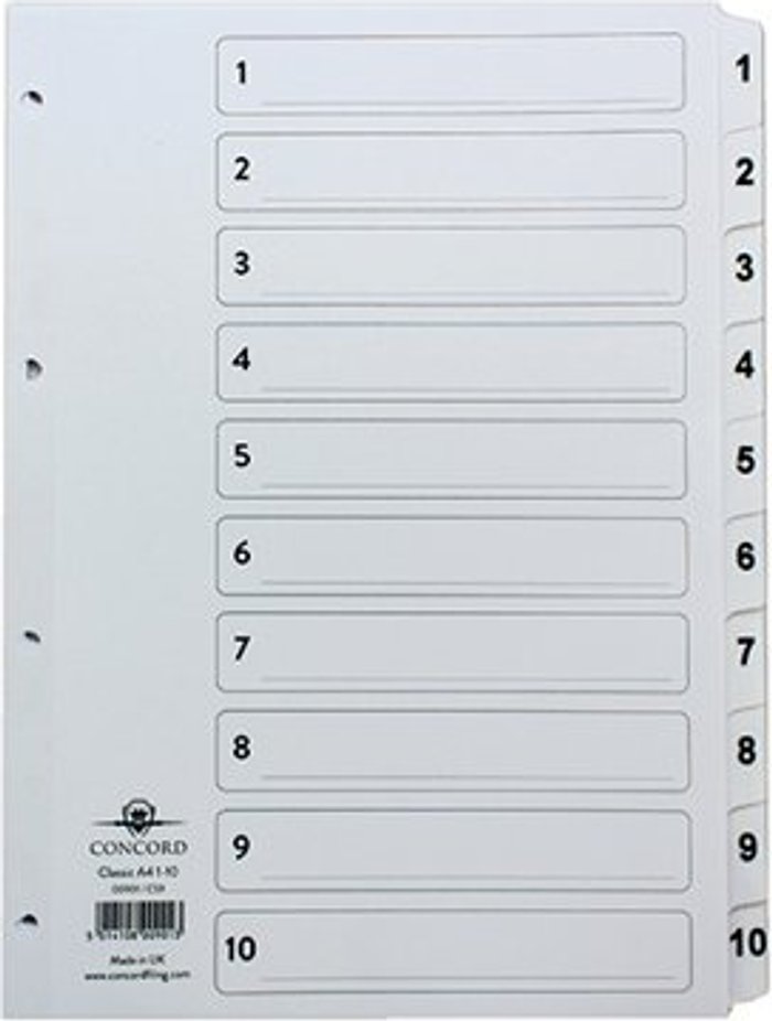 Office Monster | Concord Concord Classic Index 1-10 A4 White Board Clear Mylar Tabs 00901/CS9 Concord Concord Classic Index 1-10 A4 White Board Clear Mylar Tabs 00901/CS9