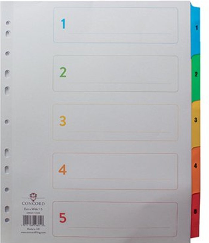 Office Monster | Concord Concord Index 1-5 A4 Extra Wide Multicoloured Mylar Tabs 09601/CS96 Concord Concord Index 1-5 A4 Extra Wide Multicoloured Mylar Tabs 09601/CS96