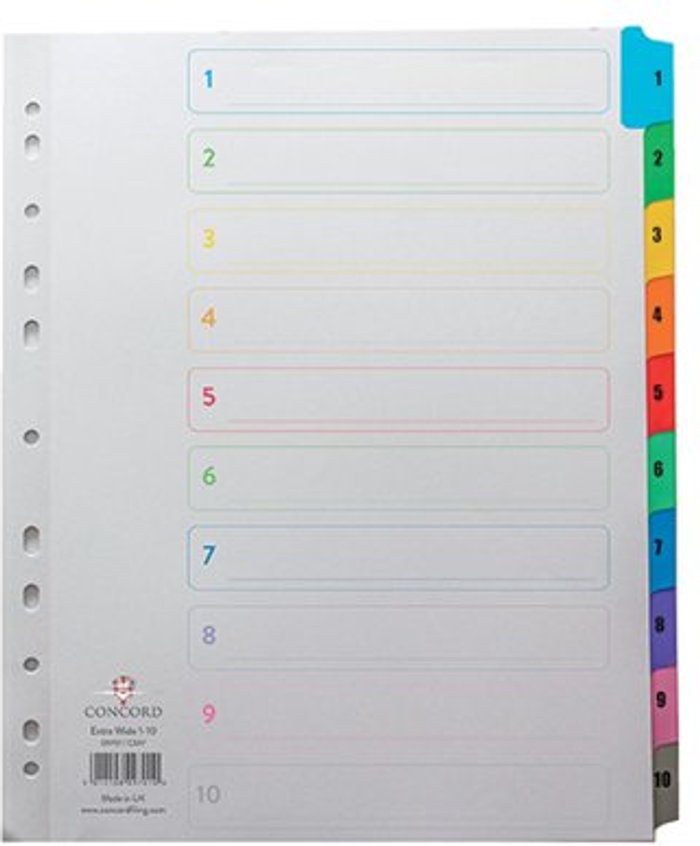 Office Monster | Concord Concord Index 1-10 A4 Extra Wide Multicoloured Mylar Tabs 09701/CS97 Concord Concord Index 1-10 A4 Extra Wide Multicoloured Mylar Tabs 09701/CS97