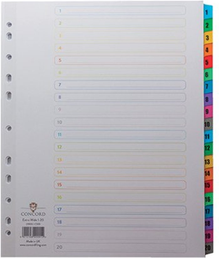 Office Monster | Concord Concord Index 1-20 A4 Extra Wide Multicoloured Mylar Tabs 09901/CS99 Concord Concord Index 1-20 A4 Extra Wide Multicoloured Mylar Tabs 09901/CS99