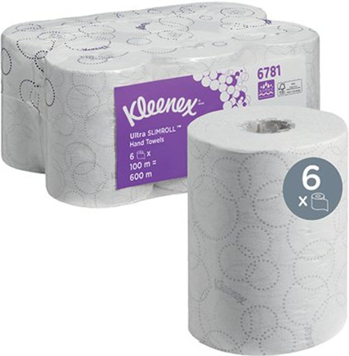 Office Monster | Kleenex® Kleenex Ultra Slimroll Hand Towel Roll White 100m (Pack of 6) 6781 Kleenex® Kleenex Ultra Slimroll Hand Towel Roll White 100m (Pack of 6) 6781