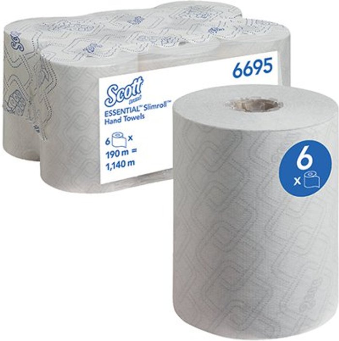 Office Monster | Scott® Scott Essential Slimroll Hand Towel Roll White 190m (Pack of 6) 6695 Scott® Scott Essential Slimroll Hand Towel Roll White 190m (Pack of 6) 6695