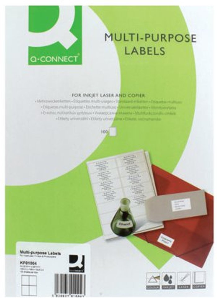 Office Monster | Q-Connect Q-Connect Multipurpose Copier Labels 105x148mm 4 Per Sheet White (Pack of 400) KF01004 Q-Connect Q-Connect Multipurpose Copier Labels 105x148mm 4 Per Sheet White (Pack of 400) KF01004