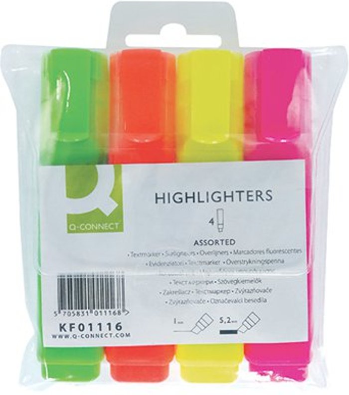 Office Monster | Q-Connect Q-Connect Assorted Highlighter Pens (Pack of 4) KF01116 Q-Connect Q-Connect Assorted Highlighter Pens (Pack of 4) KF01116