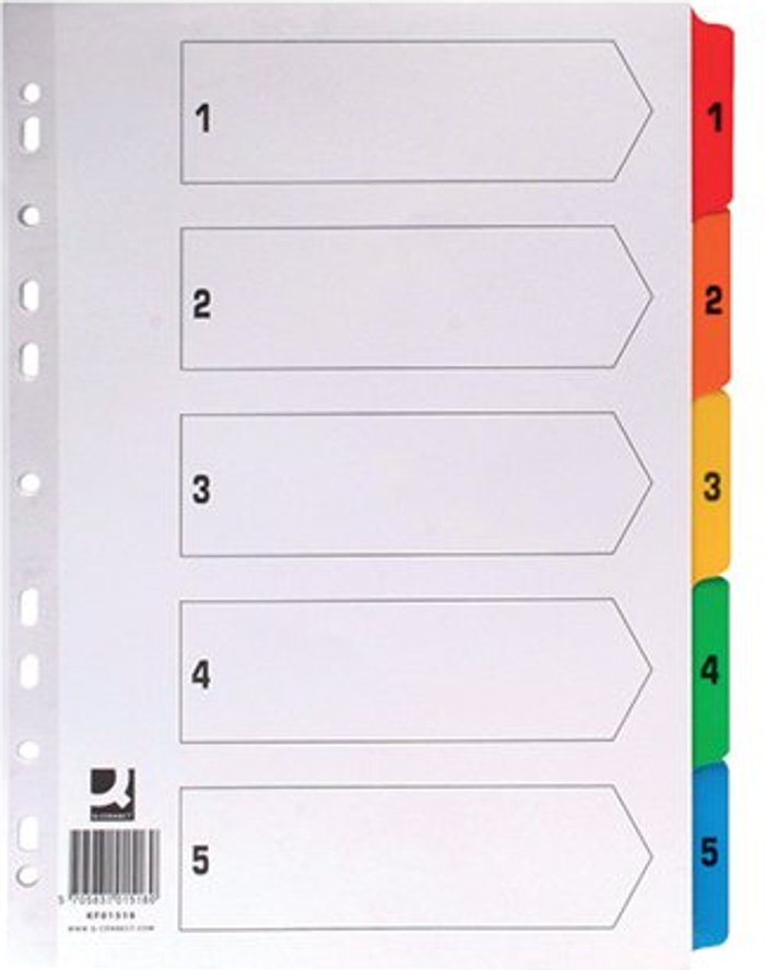Office Monster | Q-Connect Q-Connect 1-5 Index Multi-punched Reinforced Board Multi-Colour Numbered Tabs A4 White KF01518 Q-Connect Q-Connect 1-5 Index Multi-punched Reinforced Board Multi-Colour Numbered Tabs A4 White KF01518