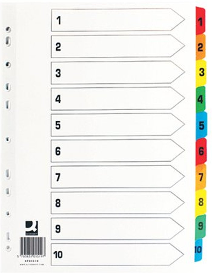Office Monster | Q-Connect Q-Connect 1-10 Index Multi-punched Reinforced Board Multi-Colour Numbered Tabs A4 White KF01519 Q-Connect Q-Connect 1-10 Index Multi-punched Reinforced Board Multi-Colour Numbered Tabs A4 White KF01519