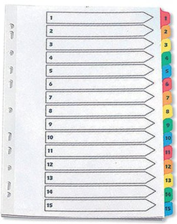 Office Monster | Q-Connect Q-Connect 1-15 Index Multi-punched Reinforced Board Multi-Colour Numbered Tabs A4 White KF01520 Q-Connect Q-Connect 1-15 Index Multi-punched Reinforced Board Multi-Colour Numbered Tabs A4 White KF01520