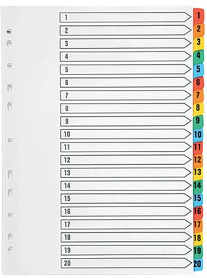 Office Monster | Q-Connect Q-Connect 1-20 Index Multi-punched Reinforced Board Multi-Colour Numbered Tabs A4 White KF01521 Q-Connect Q-Connect 1-20 Index Multi-punched Reinforced Board Multi-Colour Numbered Tabs A4 White KF01521