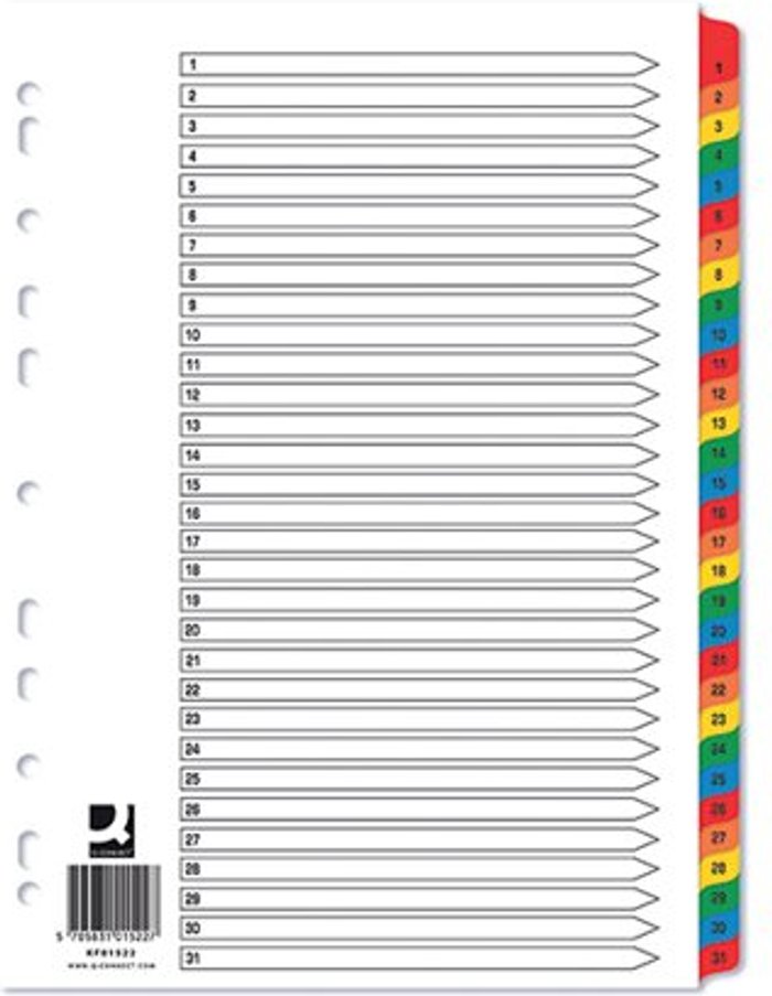 Office Monster | Q-Connect Q-Connect 1-31 Index Multi-punched Reinforced Board Multi-Colour Numbered Tabs A4 White KF01522 Q-Connect Q-Connect 1-31 Index Multi-punched Reinforced Board Multi-Colour Numbered Tabs A4 White KF01522
