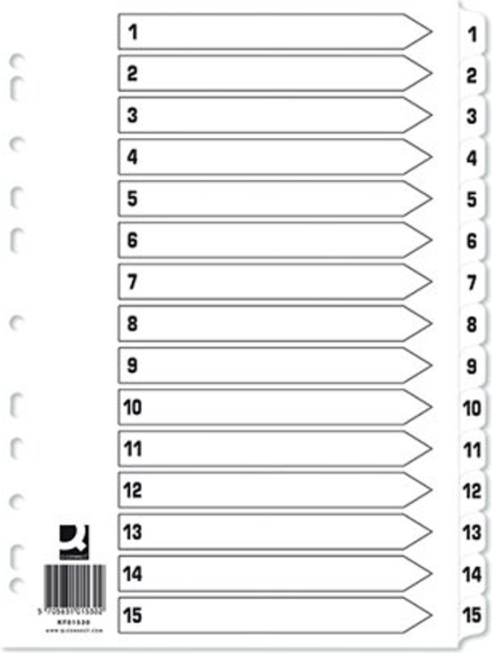 Office Monster | Q-Connect Q-Connect 1-15 Index Multi-Punched Reinforced Board Clear Tab A4 White KF01530 Q-Connect Q-Connect 1-15 Index Multi-Punched Reinforced Board Clear Tab A4 White KF01530