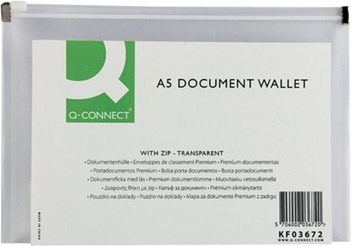 Office Monster | Q-Connect Q-Connect Document Zip Wallet A5 Transparent (Pack of 10) KF03672 Q-Connect Q-Connect Document Zip Wallet A5 Transparent (Pack of 10) KF03672