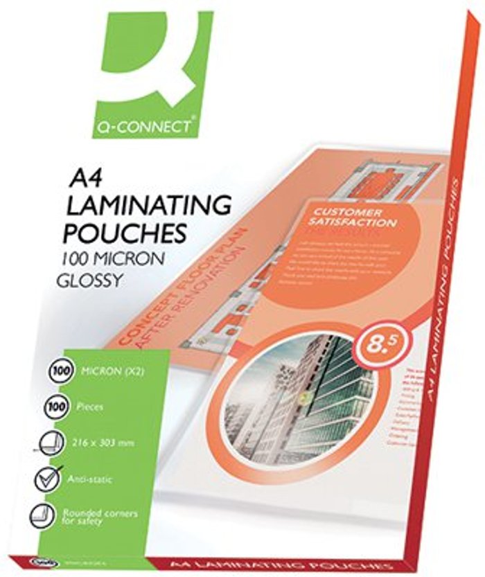 Office Monster | Q-Connect Q-Connect A4 Laminating Pouch 200 Micron (Pack of 100) KF04115 Q-Connect Q-Connect A4 Laminating Pouch 200 Micron (Pack of 100) KF04115