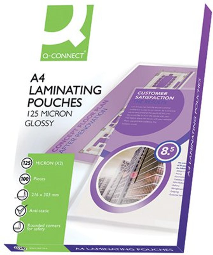 Office Monster | Q-Connect Q-Connect A4 Laminating Pouch 125x2 Micron (Pack of 100) KF04116 Q-Connect Q-Connect A4 Laminating Pouch 125x2 Micron (Pack of 100) KF04116