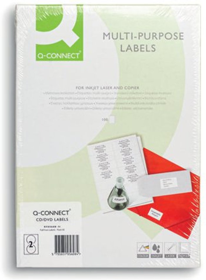 Office Monster | Q-Connect Q-Connect Full Face CD/DVD Labels 117mm Diameter x50 2 Per Sheet White (Pack of 100) KF05608 Q-Connect Q-Connect Full Face CD/DVD Labels 117mm Diameter x50 2 Per Sheet White (Pack of 100) KF05608
