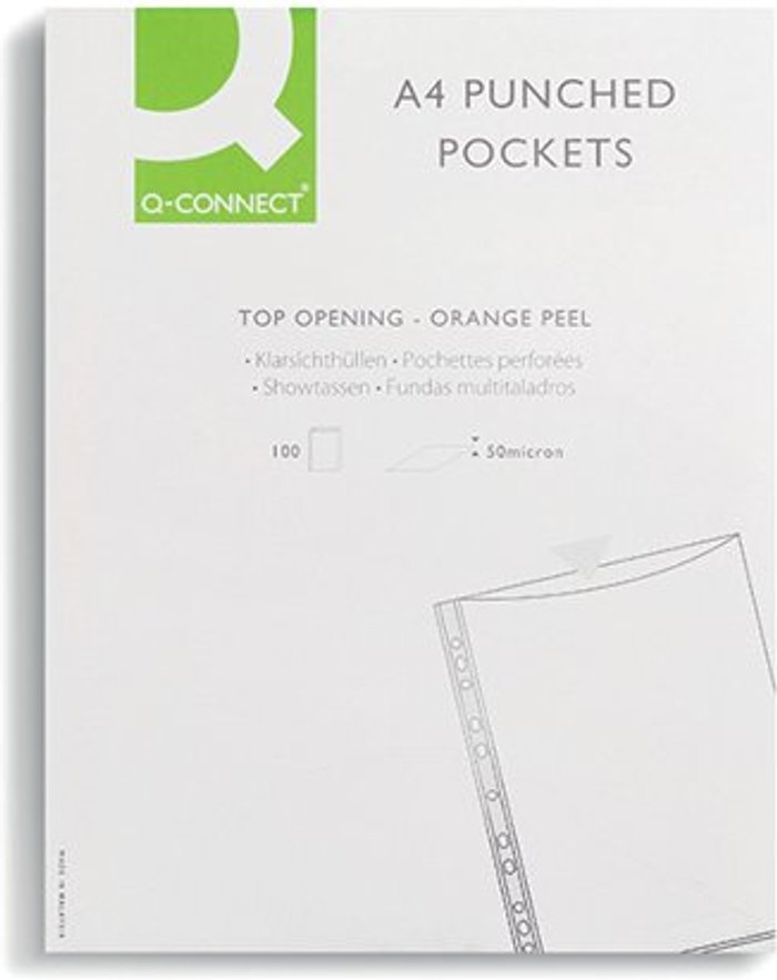 Office Monster | Q-Connect Q-Connect Punched Pockets Polypropylene 50 Micron A4 Embossed (Pack of 100) KF24001 Q-Connect Q-Connect Punched Pockets Polypropylene 50 Micron A4 Embossed (Pack of 100) KF24001