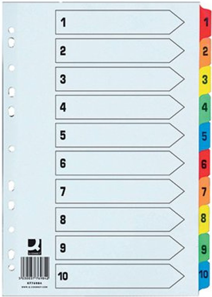 Office Monster | Q-Connect Q-Connect 1-10 Index Extra Wide Reinforced Multi-Colour Tabs KF76984 Q-Connect Q-Connect 1-10 Index Extra Wide Reinforced Multi-Colour Tabs KF76984