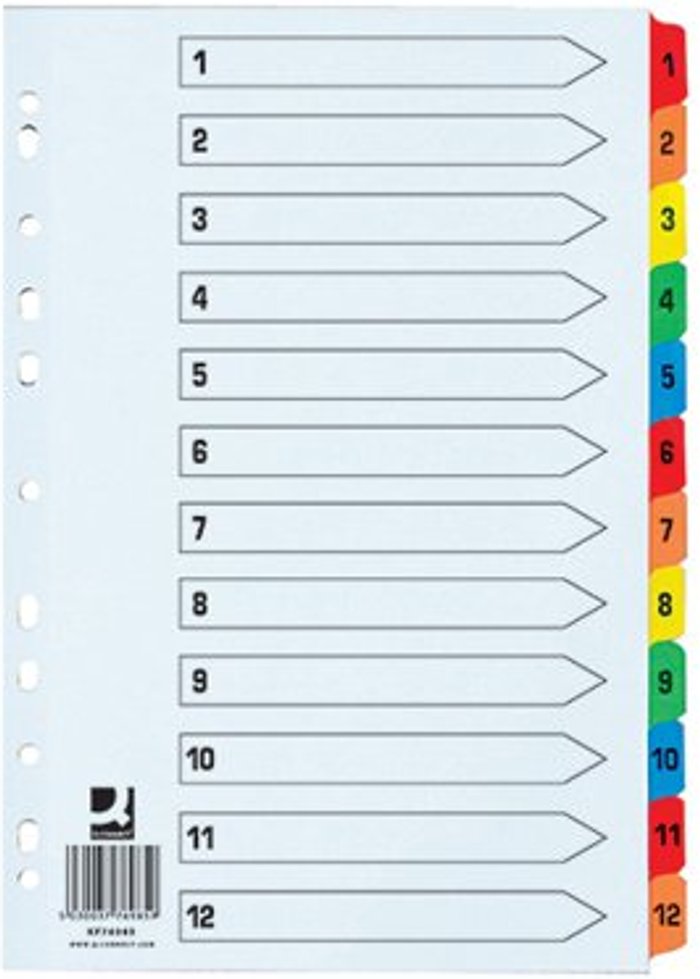 Office Monster | Q-Connect Q-Connect 1-12 Index Extra Wide Reinforced Multi-Colour Tabs KF76985 Q-Connect Q-Connect 1-12 Index Extra Wide Reinforced Multi-Colour Tabs KF76985
