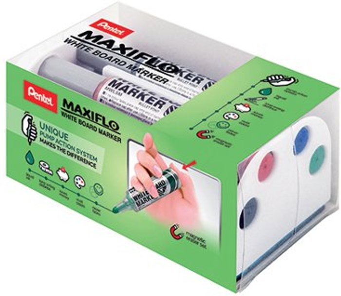 Office Monster | Pentel Pentel Maxiflo Whiteboard Marker Assorted 4 Pack with Magnetic Eraser MWL5M/MAG/4-M Pentel Pentel Maxiflo Whiteboard Marker Assorted 4 Pack with Magnetic Eraser MWL5M/MAG/4-M