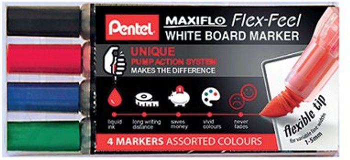 Office Monster | Pentel Pentel Maxiflo Flex-Feel Whiteboard Marker Assorted 4 Pack YMWL5SBF/4-M Pentel Pentel Maxiflo Flex-Feel Whiteboard Marker Assorted 4 Pack YMWL5SBF/4-M