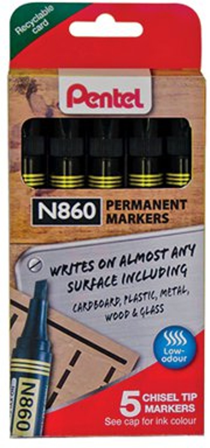 Office Monster | Pentel Pentel Chisel Tip Permanent Marker Black 5 Pack YN860/5-A Pentel Pentel Chisel Tip Permanent Marker Black 5 Pack YN860/5-A