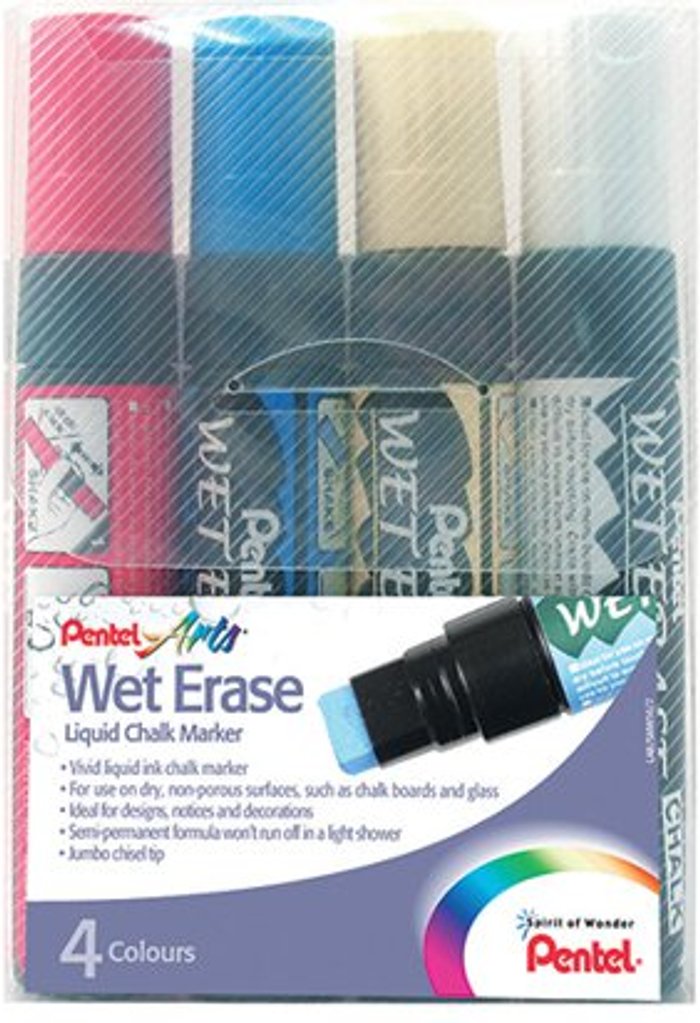 Office Monster | Pentel Pentel Liquid Chalk Marker Chisel Tip Jumbo Assorted Pack of 4 SMW56/4-BCGW Pentel Pentel Liquid Chalk Marker Chisel Tip Jumbo Assorted Pack of 4 SMW56/4-BCGW