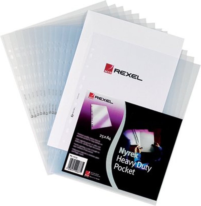Office Monster | Rexel Rexel Nyrex Premium Pocket A4 Top Left Opening Embossed (Pack of 25) 11031 Rexel Rexel Nyrex Premium Pocket A4 Top Left Opening Embossed (Pack of 25) 11031