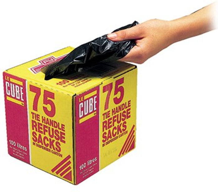 Office Monster | LeCube Le Cube Tie Handle Refuse Sacks With Dispenser 100 Litre Black (Pack of 75) 0481 LeCube Le Cube Tie Handle Refuse Sacks With Dispenser 100 Litre Black (Pack of 75) 0481
