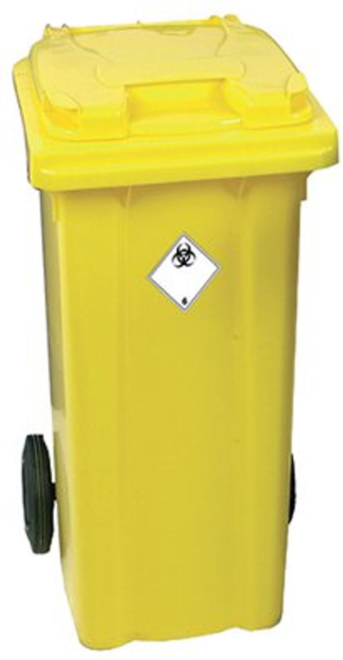 Office Monster | VFM Yellow Clinical Waste 2 Wheel Refuse Container 120 Litres 377918 VFM Yellow Clinical Waste 2 Wheel Refuse Container 120 Litres 377918
