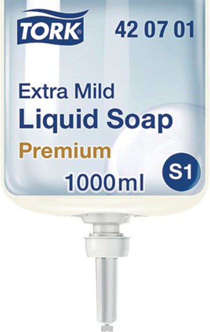 Office Monster | Tork Tork Extra Mild Liquid Soap Refill S1 Non Perfumed 1 Litre (Pack of 6) 420701 Tork Tork Extra Mild Liquid Soap Refill S1 Non Perfumed 1 Litre (Pack of 6) 420701