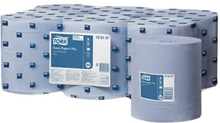 Office Monster | Tork Tork Mini Centrefeed Roll 2-Ply 150m Blue (Pack of 6) 128107 Tork Tork Mini Centrefeed Roll 2-Ply 150m Blue (Pack of 6) 128107