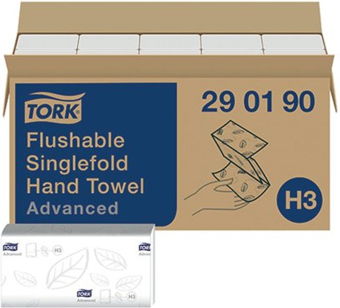 Office Monster | Tork Tork Singlefold Hand Towel H3 Flushable White 250 Sheets (Pack of 15) 290190 Tork Tork Singlefold Hand Towel H3 Flushable White 250 Sheets (Pack of 15) 290190