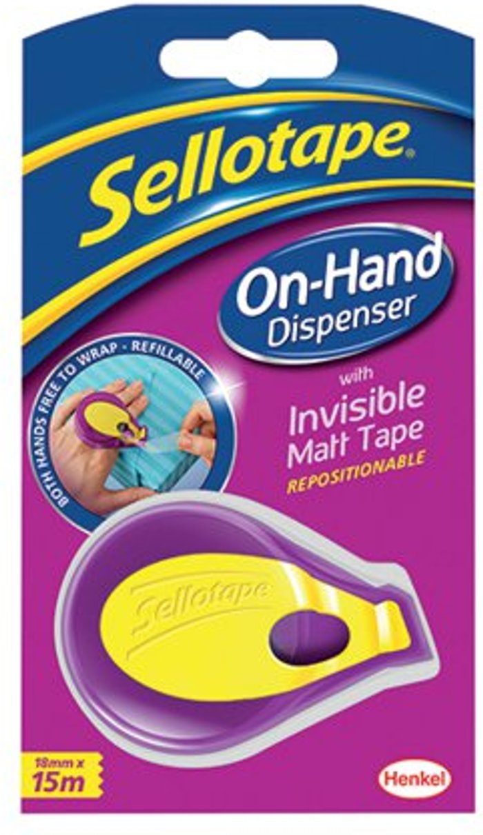 Office Monster | Sellotape Sellotape On-Hand Dispenser with Invisible Tape 18mmx15m 2379004 Sellotape Sellotape On-Hand Dispenser with Invisible Tape 18mmx15m 2379004