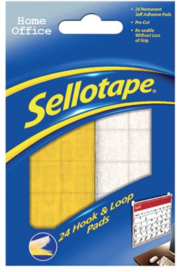 Office Monster | Sellotape Sellotape Sticky Hook and Loop Pads 20mmx20mm (Pack of 24) SE4542 Sellotape Sellotape Sticky Hook and Loop Pads 20mmx20mm (Pack of 24) SE4542