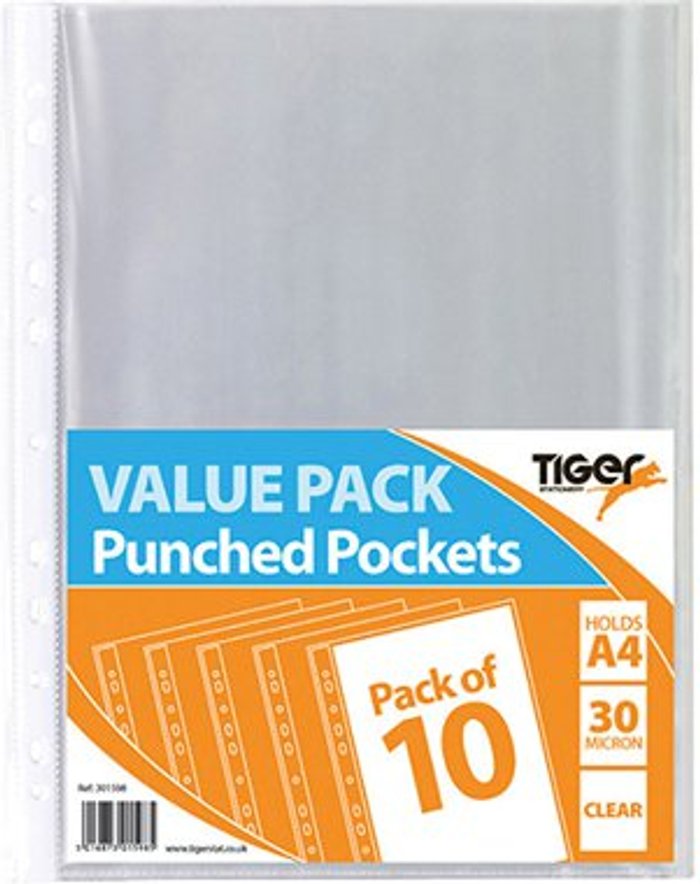 Office Monster | Tiger A4 Punched Pockets 30 Micron 20x10 Pockets (Pack of 200) 301598 Tiger A4 Punched Pockets 30 Micron 20x10 Pockets (Pack of 200) 301598