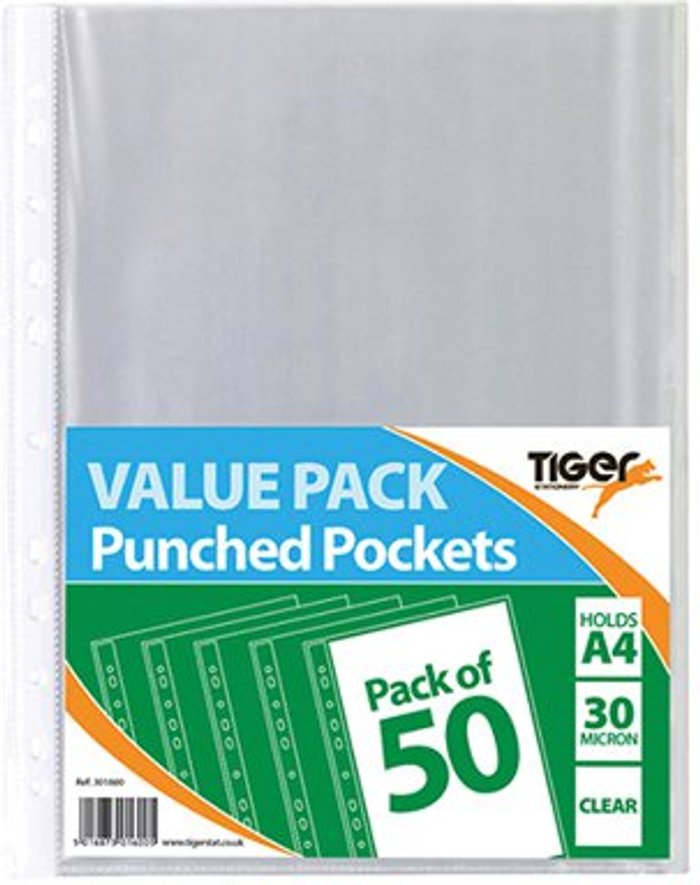 Office Monster | Tiger A4 Punched Pockets 30 Micron 10x50 Pockets (Pack of 500) 301600 Tiger A4 Punched Pockets 30 Micron 10x50 Pockets (Pack of 500) 301600