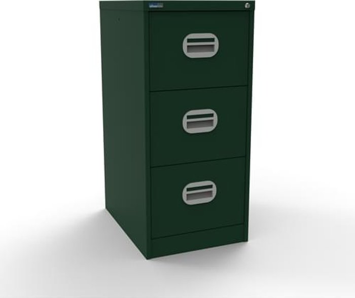Office Monster | Kontrax Silverline Kontrax 3 Drawer Elliptical Handle Foolscap Filing Cabinet - British Racing Green Kontrax Silverline Kontrax 3 Drawer Elliptical Handle Foolscap Filing Cabinet - British Racing Green