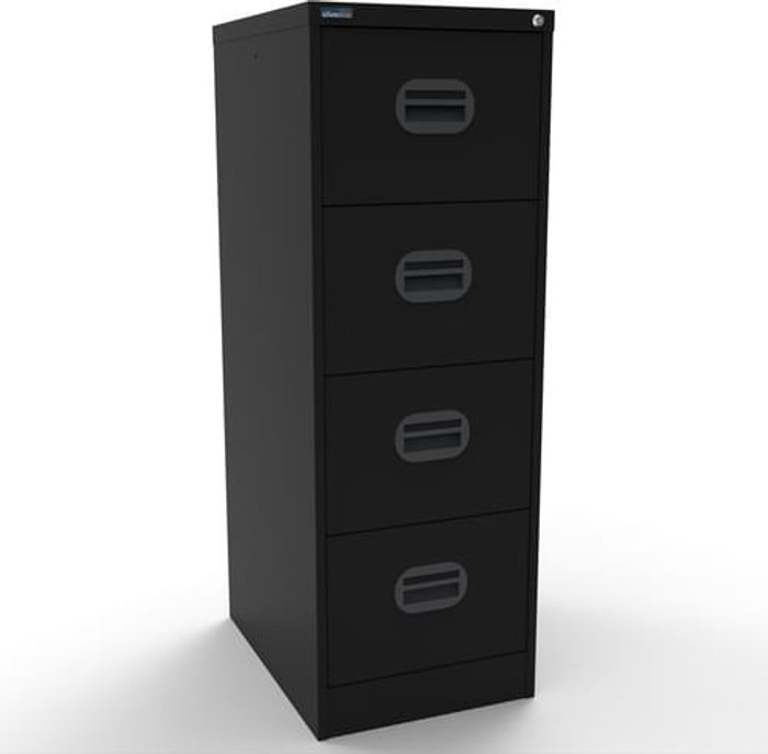 Office Monster | Kontrax Silverline Kontrax 4 Drawer Elliptical Handle Foolscap Filing Cabinet - Black Kontrax Silverline Kontrax 4 Drawer Elliptical Handle Foolscap Filing Cabinet - Black
