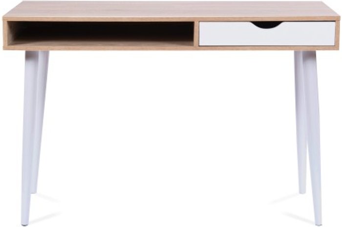 Office Monster | Darwin Volta Compact Workstation with White Legs, Stylish Complementing Drawer and Open Storage Compartment - White Legs - Oak Finish Darwin Volta Compact Workstation with White Legs, Stylish Complementing Drawer and Open Storage Compartment - White Legs - Oak Finish