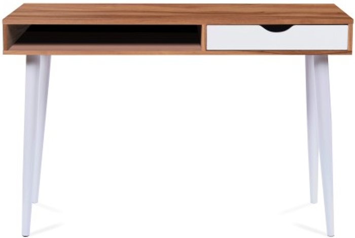 Office Monster | Darwin Volta Compact Workstation with White Legs, Stylish Complementing Drawer and Open Storage Compartment - White Legs - Walnut Finish Darwin Volta Compact Workstation with White Legs, Stylish Complementing Drawer and Open Storage Compartment - White Legs - Walnut Finish