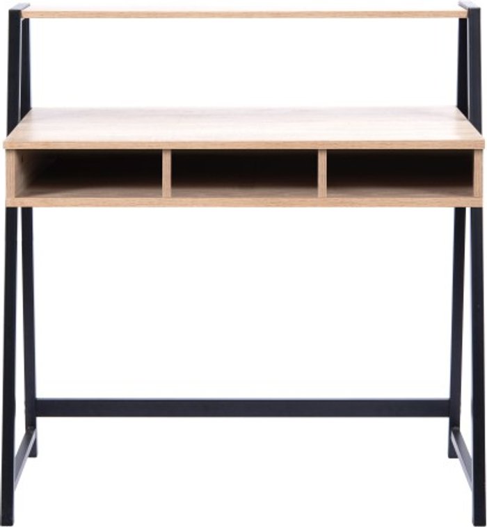 Office Monster | Darwin Aldan Compact Two Tier Workstation with Stylish Feature Frame and Upper Storage Shelf - Black Frame - Oak Finish Darwin Aldan Compact Two Tier Workstation with Stylish Feature Frame and Upper Storage Shelf - Black Frame - Oak Finish