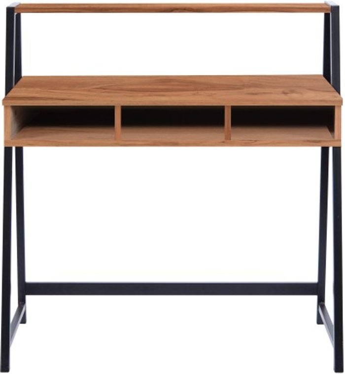 Office Monster | Darwin Aldan Compact Two Tier Workstation with Stylish Feature Frame and Upper Storage Shelf - Black Frame - Walnut Finish Darwin Aldan Compact Two Tier Workstation with Stylish Feature Frame and Upper Storage Shelf - Black Frame - Walnut Finish