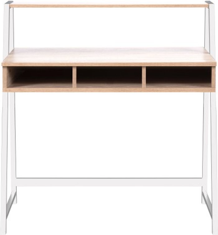 Office Monster | Darwin Aldan Compact Two Tier Workstation with Stylish Feature Frame and Upper Storage Shelf - White Frame - Oak Finish Darwin Aldan Compact Two Tier Workstation with Stylish Feature Frame and Upper Storage Shelf - White Frame - Oak Finish