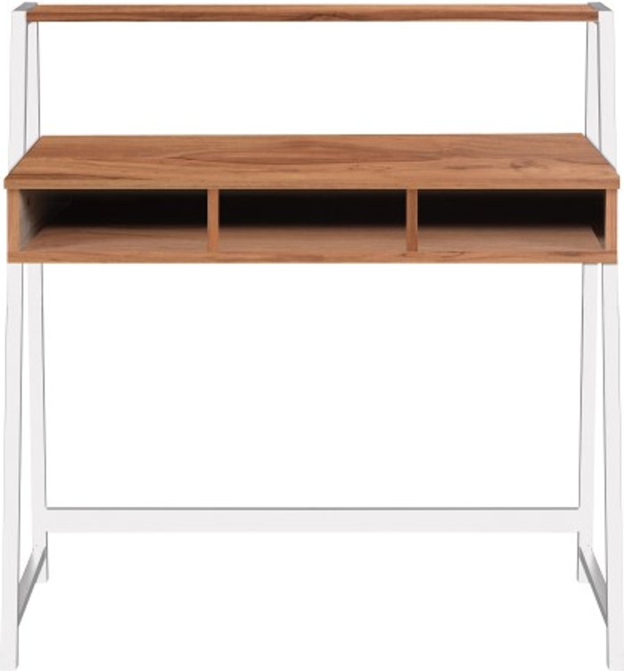 Office Monster | Darwin Aldan Compact Two Tier Workstation with Stylish Feature Frame and Upper Storage Shelf - White Frame - Walnut Finish Darwin Aldan Compact Two Tier Workstation with Stylish Feature Frame and Upper Storage Shelf - White Frame - Walnut Finish