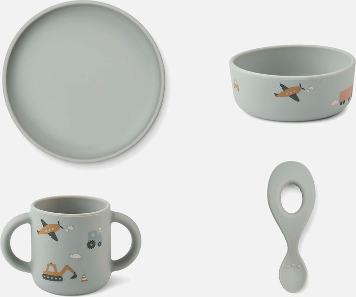The Hut UK | Liewood Liewood Vivi Printed Tableware Set - Vehicles/Dove Blue Mix Liewood Liewood Vivi Printed Tableware Set - Vehicles/Dove Blue Mix