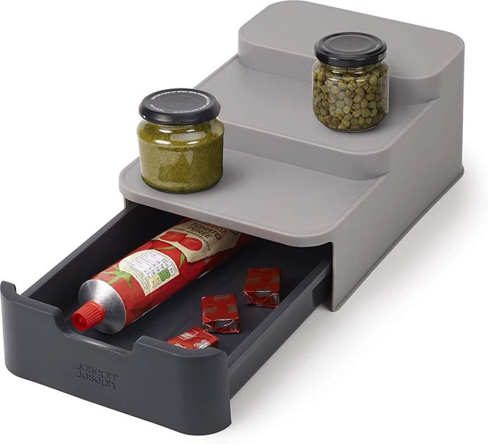 The Hut UK | Joseph Joseph Joseph Joseph Cupboard Store Compact Tiered Organiser With Drawer - Grey Joseph Joseph Joseph Joseph Cupboard Store Compact Tiered Organiser With Drawer - Grey