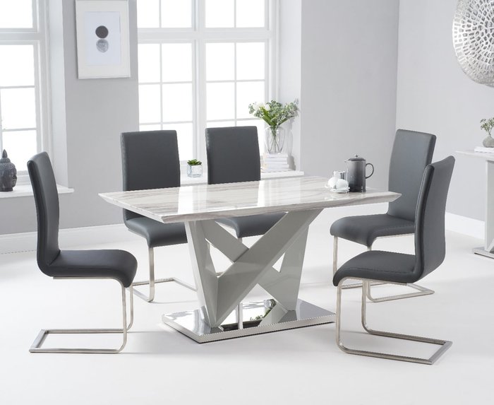 Oak Furniture Superstore | Oak Furniture Superstore Reims 150cm Marble Effect Carrera Light Grey Dining Table With 4 Black Malaga Dining Chairs Oak Furniture Superstore Reims 150cm Marble Effect Carrera Light Grey Dining Table With 4 Black Malaga Dining Chairs
