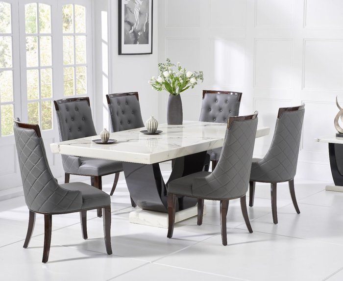 Oak Furniture Superstore | Oak Furniture Superstore Raphael 170cm White and Black Pedestal Marble Dining Table With 4 Cream Francesca Chairs Oak Furniture Superstore Raphael 170cm White and Black Pedestal Marble Dining Table With 4 Cream Francesca Chairs